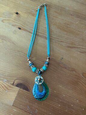 Hand made Glass Art Ladies' necklace Turquoise teardrop pendant, mixed stones